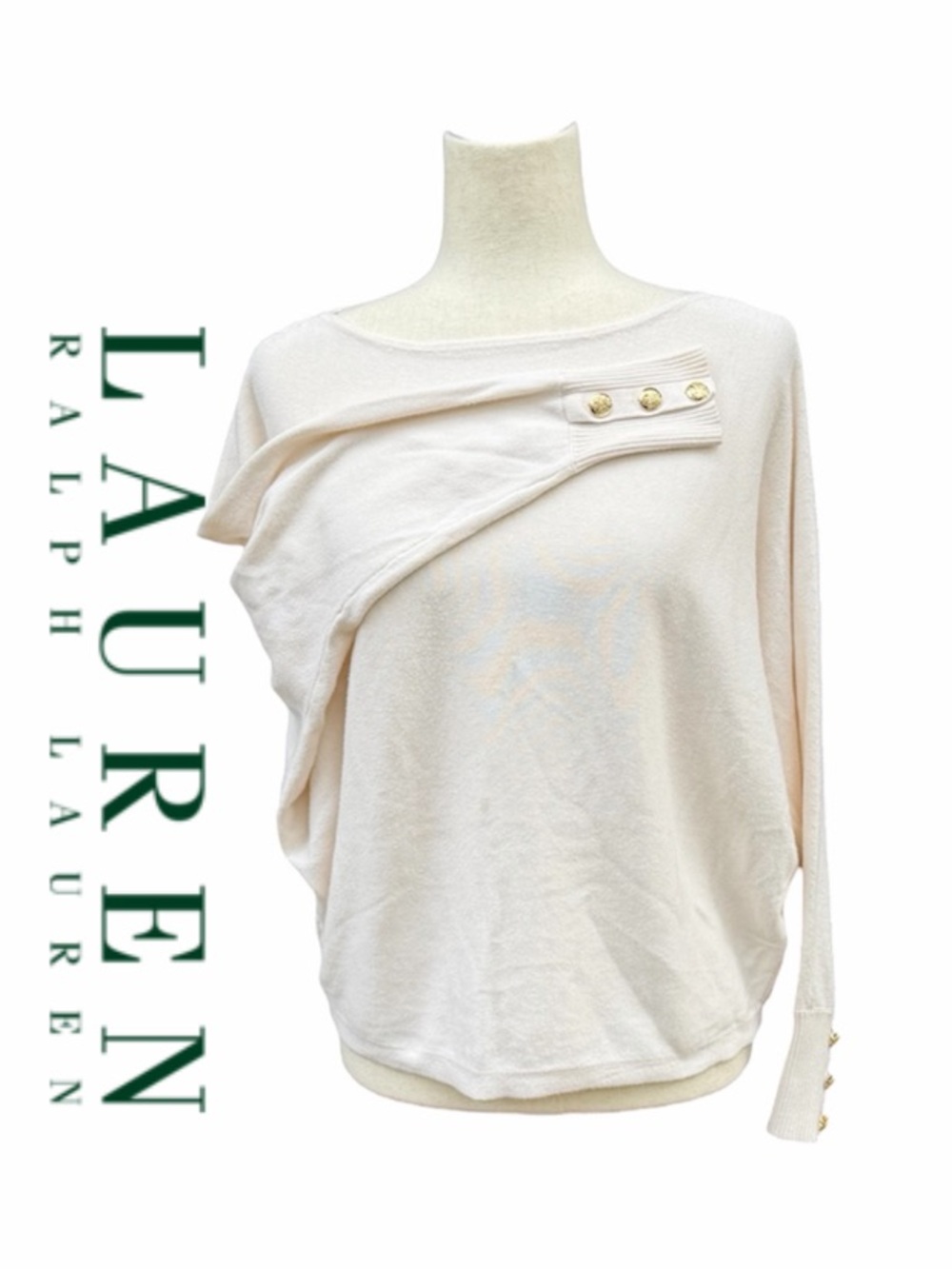 Lauren Ralph Lauren Cream Knit Sweater Drop Shoulder Button Cuff Cotton M